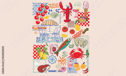 Sardines love club. Oyster club print design. Sweet fruit artwork. Lemon and drink artwork. Tomato print. Lobster fish and crab artwork for t shirt print.