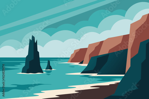Stylized coastal landscape with dramatic sea stacks and cliffs under a cloudy sky