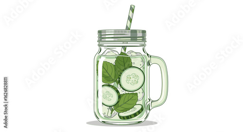Refreshing Cucumber Mint Infused Water in a Mason Jar with a Straw, Perfect for a Healthy Lifestyle
