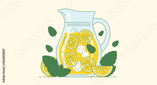 A refreshing glass pitcher of cold lemonade with lemon slices, ice cubes, and fresh mint leaves. A vector illustration of a summer drink.