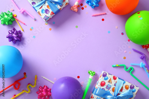 Colorful birthday party flat lay frame on purple background