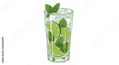 Hand-drawn illustration of a refreshing mojito cocktail with fresh lime slices and mint leaves, isolated on a white background.