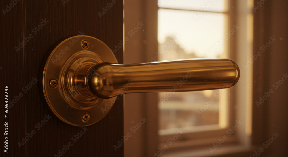 Obraz premium Golden Handle: An exquisite close-up showcases a polished, golden door handle, reflecting the warm glow of sunlight streaming through a nearby window and inviting a journey.