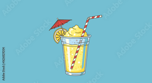 Refreshing Yellow Lemonade Drink with a Striking Red Umbrella and Lemon Slice, Perfect for a Tropical Summer Day
