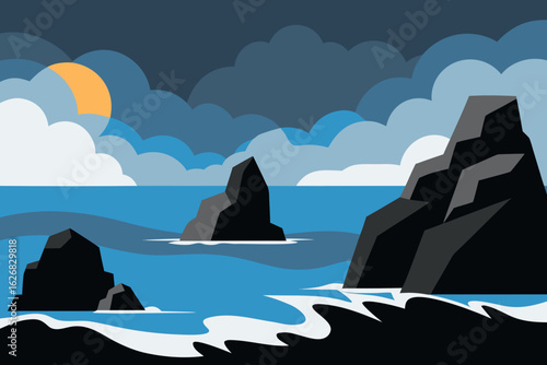 Stylized seascape with jagged rocks and a crescent moon behind clouds