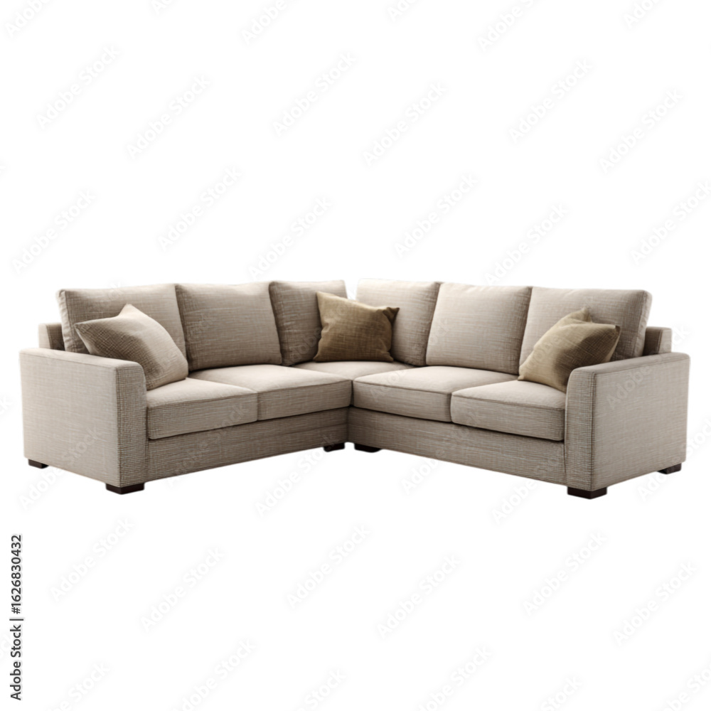 Fototapeta premium An L-shaped corner sectional sofa isolated on white background, studio lighting, clean cut-out, sharp focus --v 7.0 --ar 1:1