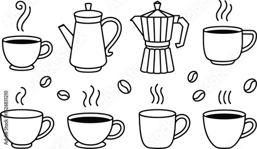 Line art coffee illustration: mugs, coffee pot, and moka pot with coffee beans; minimalist, simple, and warm.
