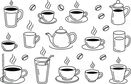 Hand-drawn Line Art Coffee and Tea Collection: Cups, Mugs, Pots, Beans, and More.