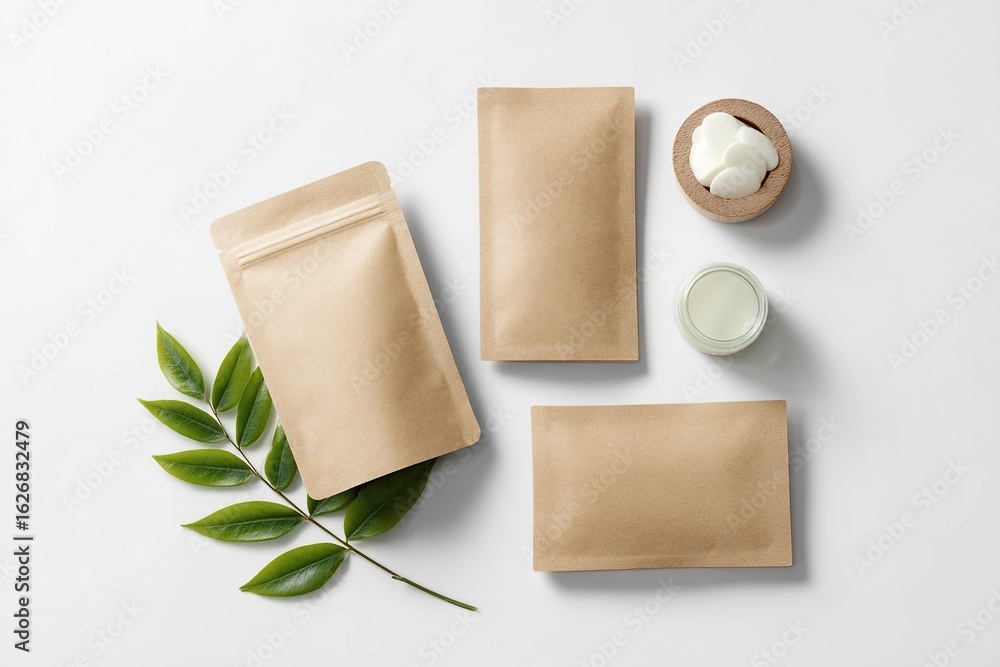 Fototapeta premium Eco-friendly packaging and skincare products against a white background.