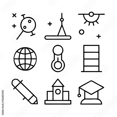 science and education icons. graduation cap, a blackboard, a microscope, a pencil, a globe, a book and more vector illustration.