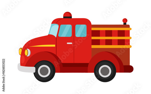 Cartoon style 1940s vintage fire truck vector illustration with bold lines, classic red body, and retro emergency vehicle charm.