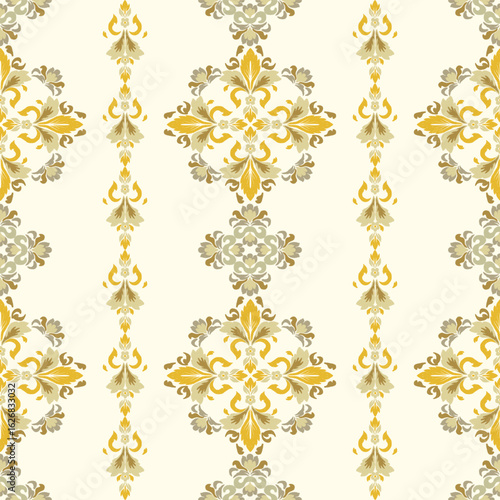 Elegant vector floral and golden star seamless ornament ikat pattern for vintage winter textile and decoration design