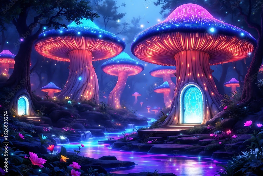 Obraz premium Enchanted forest with glowing mushrooms and magical doorways fantasy