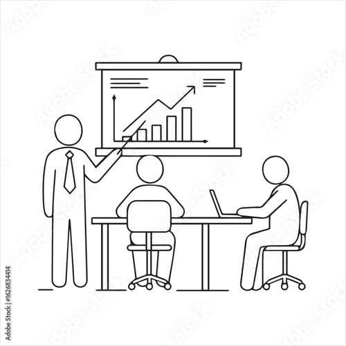 Line Art Illustration of a Business Meeting with a Chart Presentation and Two Attendees at a Table