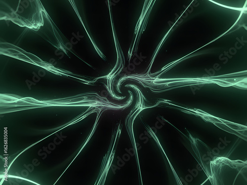 Abstract Energy Spiral: A mesmerizing vortex of radiant energy swirls, emanating from a central point, symbolizing a universe of possibilities. Glowing lines of energy are against a black background.