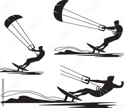 Kitesurfer Silhouettes Riding Waves Vector Illustrations