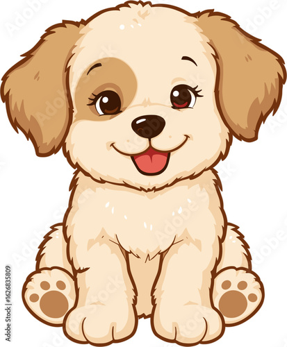 Charming Cartoon Puppy With Fluffy Fur and Cheerful Expression Sits Happily, Capturing the Playful Essence of a Young Dog Enjoying a Sunny Day at Home