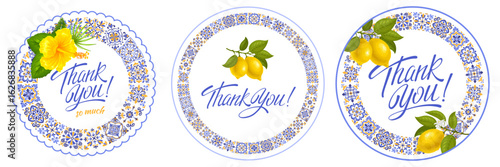 Round labels, stickers, cupcake toppers or coasters templates set with Mediterranean tiles, lemons. Also perfect for cards with gratitude, wedding. Vector illustration