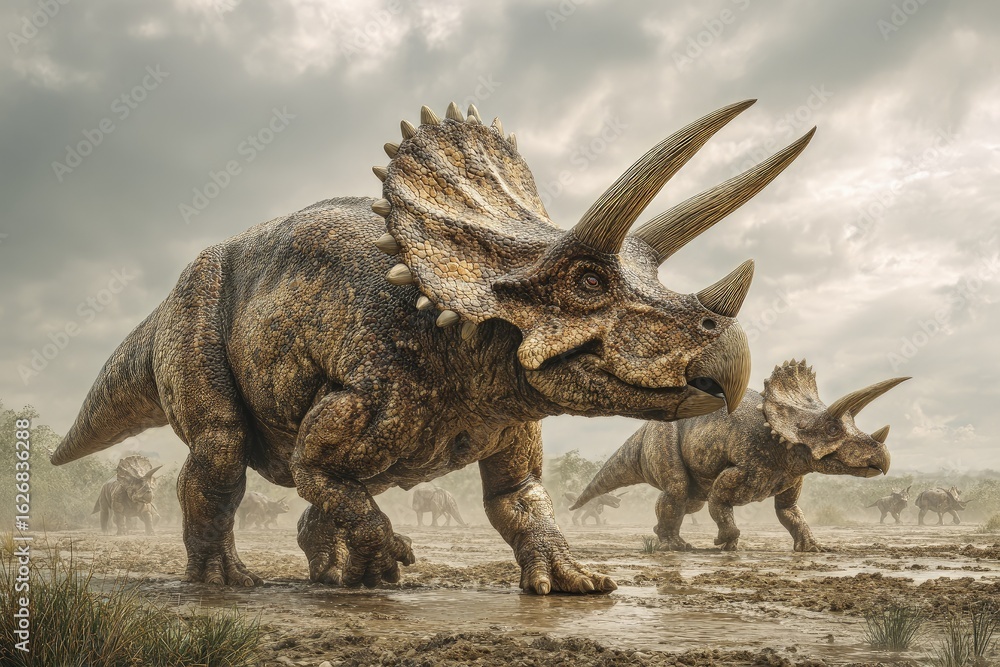 Fototapeta premium Digital Art, Paleontological Illustration, Neutral Colors, Atmospheric, Dinosaurs in Natural Habitat