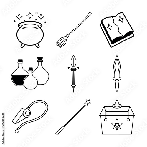 Witchcraft Tools Vector Set | Halloween Magic Objects | Line Art Ritual Accessories Pack