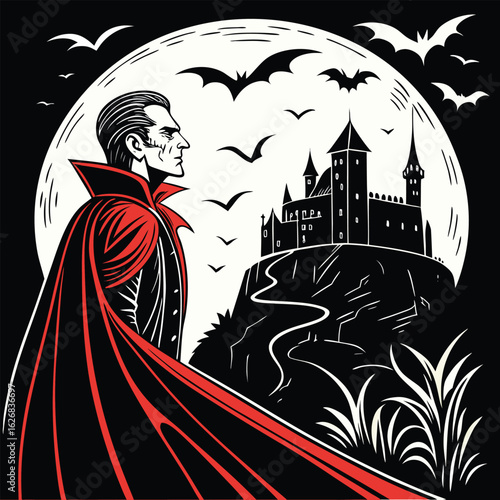Gothic Vampire Illustration with Castle and Bats Horror Fantasy Art