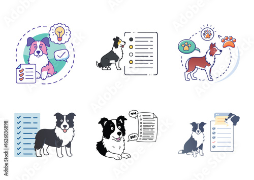 Various stylized images depicting dogs with tasks, checklists and paw prints