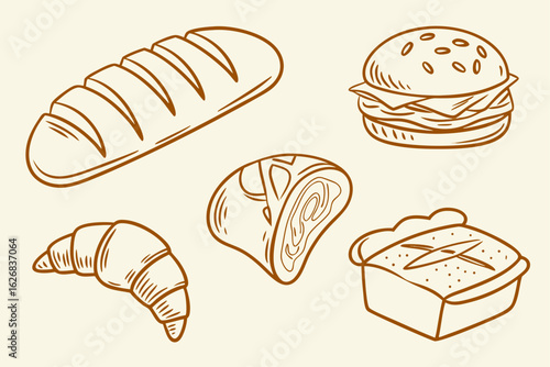 Vector art of various baked goods including bread croissant and pastries arranged in a pleasing composition for a bakery concept