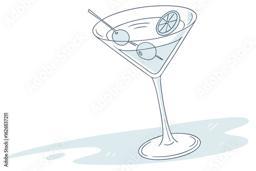 Illustration of a classic martini cocktail with olives and a lemon slice in a stylish glass for a festive celebration