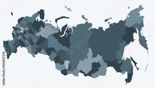 Map of Russia with regions. Just a simple country border map with region division. Blue grey color palette. Plain Russian Federation shape with administrative division. Vector illustration.