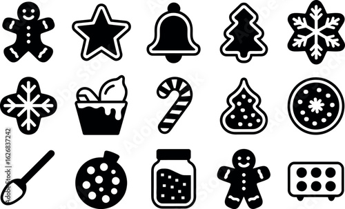 Bold Black Christmas Cookie Icons: Festive Baking Vector Set