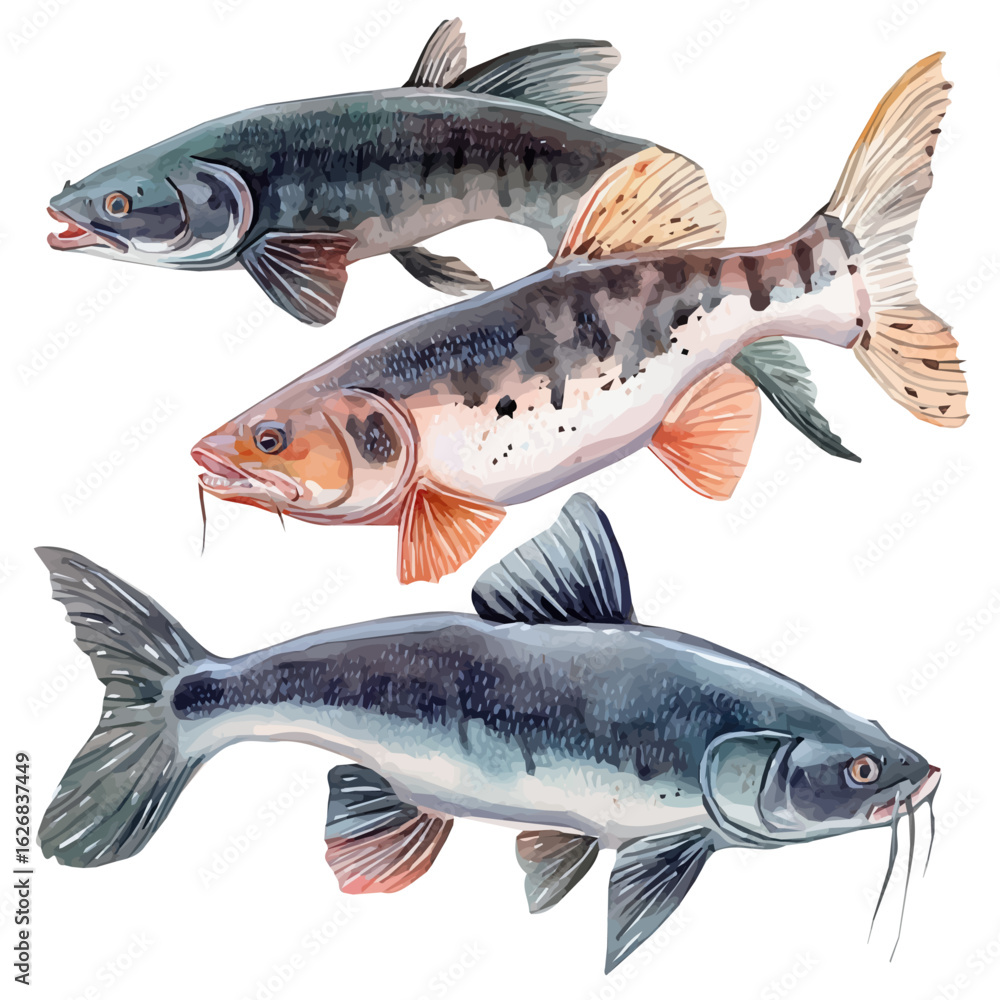 Obraz premium A hand-drawn illustration painting of catfish set in soft watercolor style, isolated on a white background, artistic, painted design, painted, fish collection, sea animal