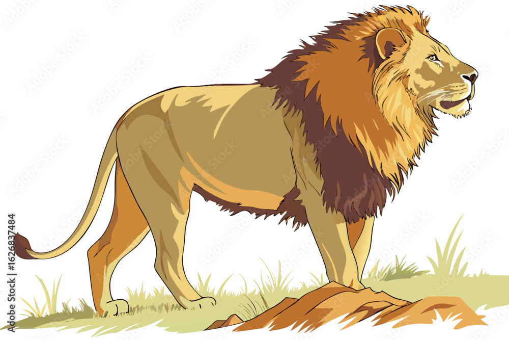 Obraz premium Vector art of majestic lion standing proudly on a small hill in the african savanna a powerful and iconic symbol of the wild