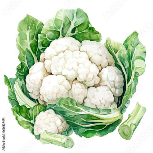 A hand-drawn illustration painting of a cauliflower in soft watercolor style, isolated on a white background, artistic, painted design, EPS format, watercolor painting set for vegetables