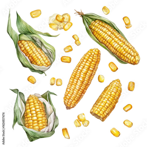 A hand-drawn illustration painting of corn kernels and seeds and sliced set in soft watercolor style, isolated on a white background, artistic, painted design, EPS format, set	
