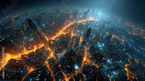 Futuristic Cityscape at Night with Glowing Towers and Lava Rivers