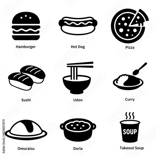 飲食店・テイクアウトメニューのシルエットアイコンセット｜Silhouette icon set of restaurant and takeout menu