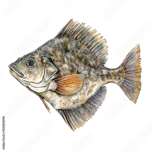 Artistic watercolor design of flounder fish, hand-painted and isolated on a white background, suitable for print and digital use, EPS file. sea animals set
