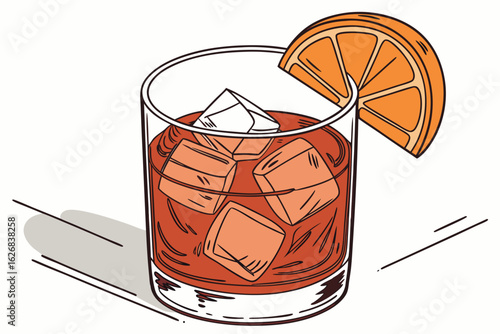 Illustration of a classic negroni cocktail with ice cubes and an orange slice garnish perfect for summer