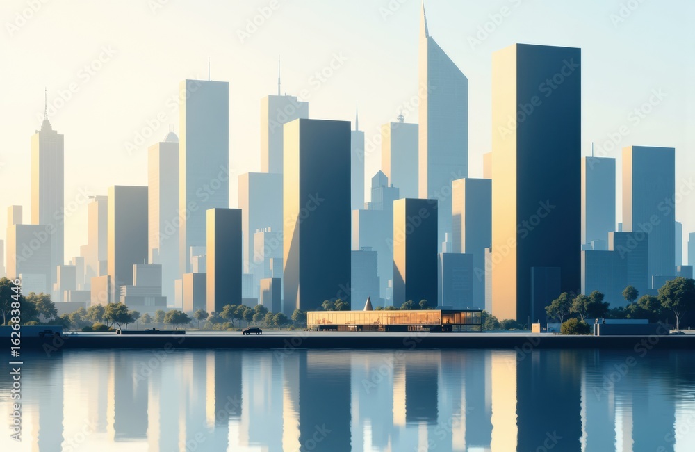 Fototapeta premium City skyline with modern skyscrapers reflected on calm water during daytime