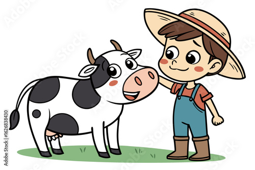 Vector art of a cheerful young farmer is petting a friendly black and white cow in a sunny green field illustration