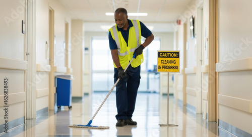 A  janitor mopping a shiny corridor floor in a hospital or public building wearing gloves and safety vest