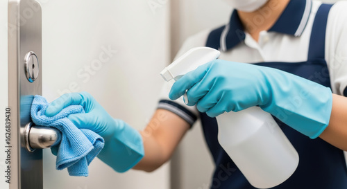 Closeup shot of women cleaning a door nob with a bloth using cleaning liquid