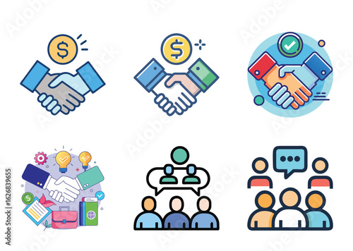 Handshake Illustrations Representing Business Partnerships, Deal Closings, and Team Collaboration