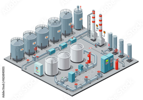 Isometric plant view storage tanks pipes chimneys control panel fire extinguishers valves and industrial equipment