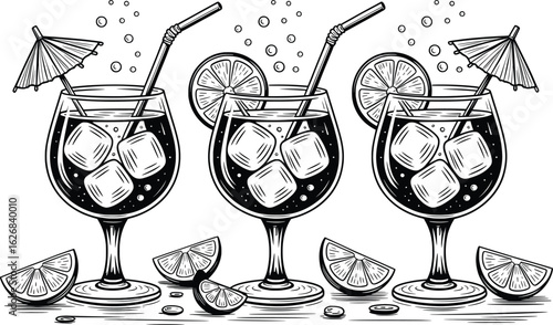 Tropical Cocktail Glass Vector, Summer Drink with Ice and Lime.
