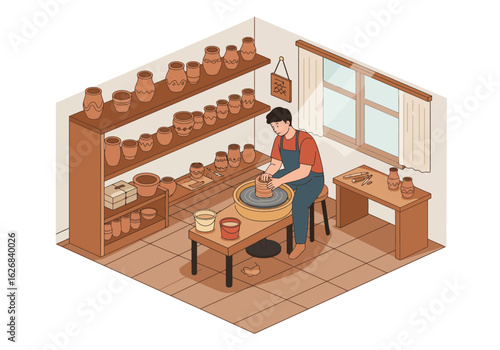 Potter at work A man shapes clay on a wheel in a workshop filled with finished pottery