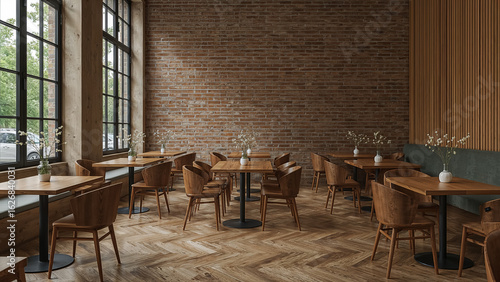 Warm wood cafe interior with brick walls and large windows tables chairs