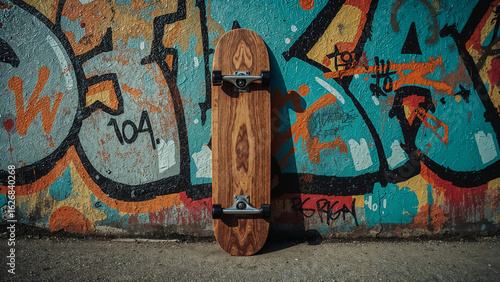 Wooden skateboard against vibrant graffiti wall wood grain urban art