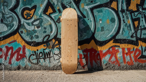 Wooden skateboard leaning against colorful graffiti wall urban