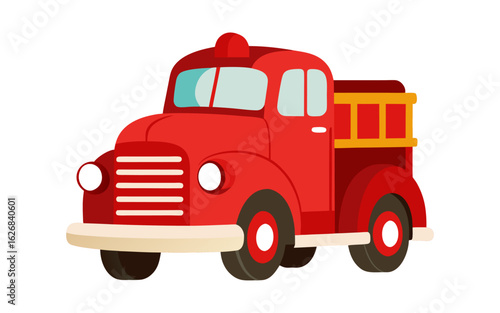 Cartoon style 1940s vintage fire truck vector illustration with bold lines, classic red body, and retro emergency vehicle charm.